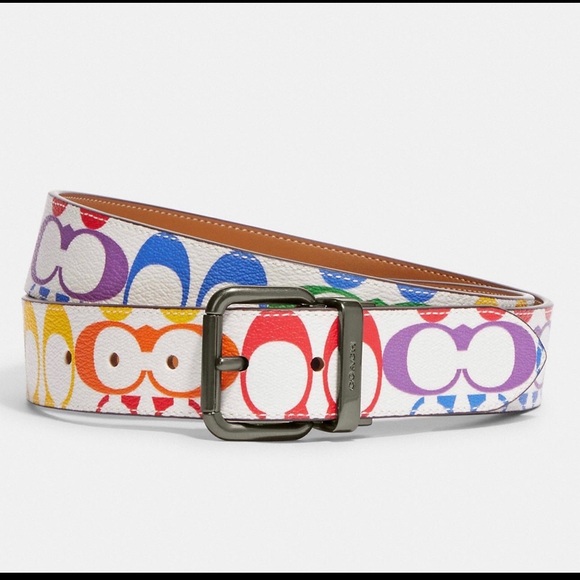 NWT Coach 3Roller Buckle Cut To Size Reversible Belt In Rainbow Signature 38MM - Picture 1 of 2